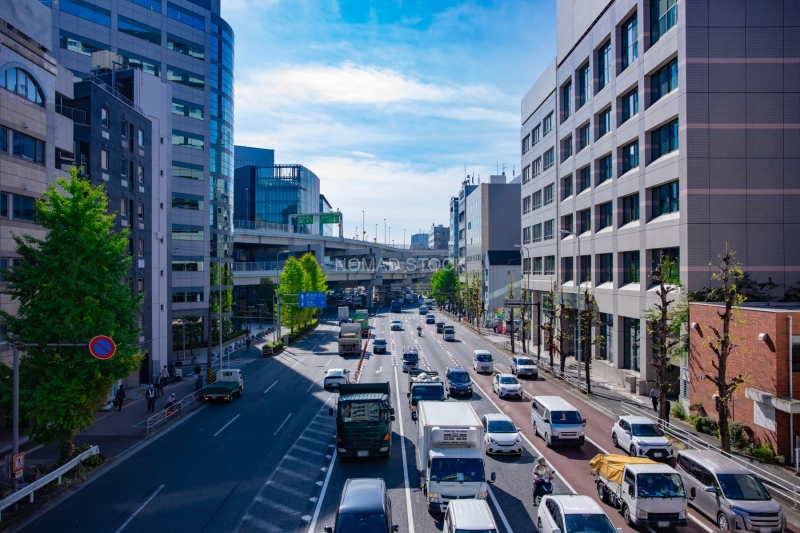 A cityscape of traffic jam at the city street in Yokohama in autumn wide shot